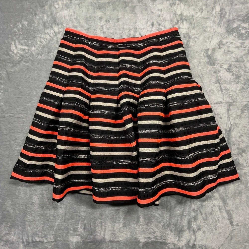 Anthropologie Striped Pleated Mini Skirt Womens‎ Size 8 Black Orange Silver Zip